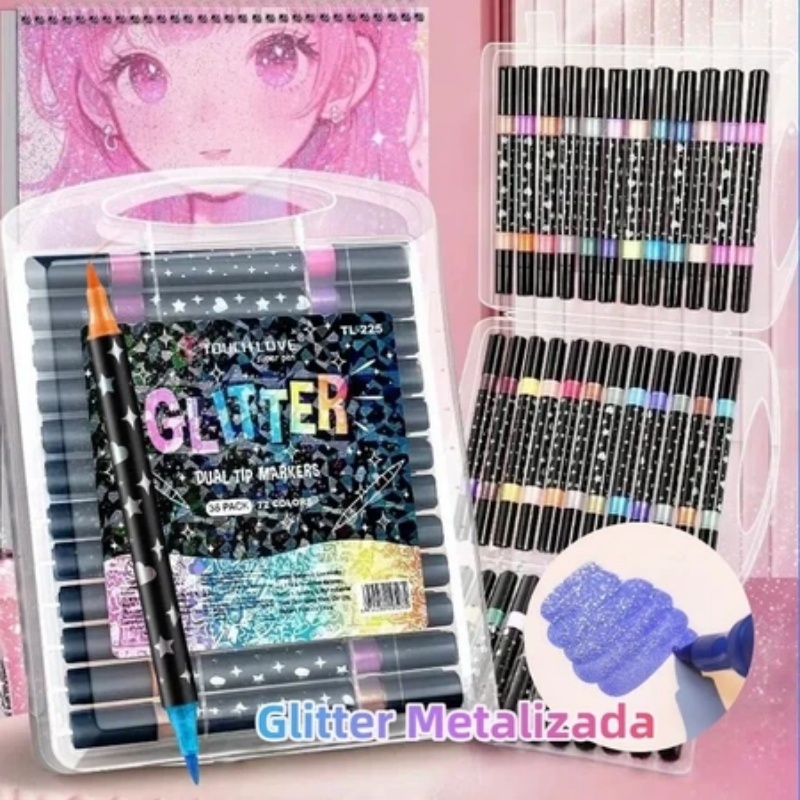 Marcador Metálico 12/24/36/48/96 Canetas de Glitter de Cabeça Dupla Marcador Brilhante Coloridas Kit em Oferta na Shopee