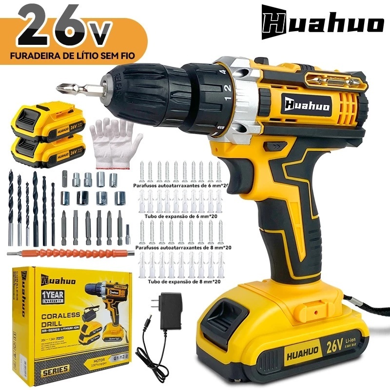 【110V-220V】26V Parafusadeira Furadeira Sem Fio Com Completo Acessórios Caixa de Papelão Bivolt.