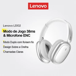 Lenovo LS102 Over Ear Headphones E Fone De Ouvido Bluetooth Sem Fio Com Áudio Espacial HiFi Modo De Jogos De 38 Ms Mais
