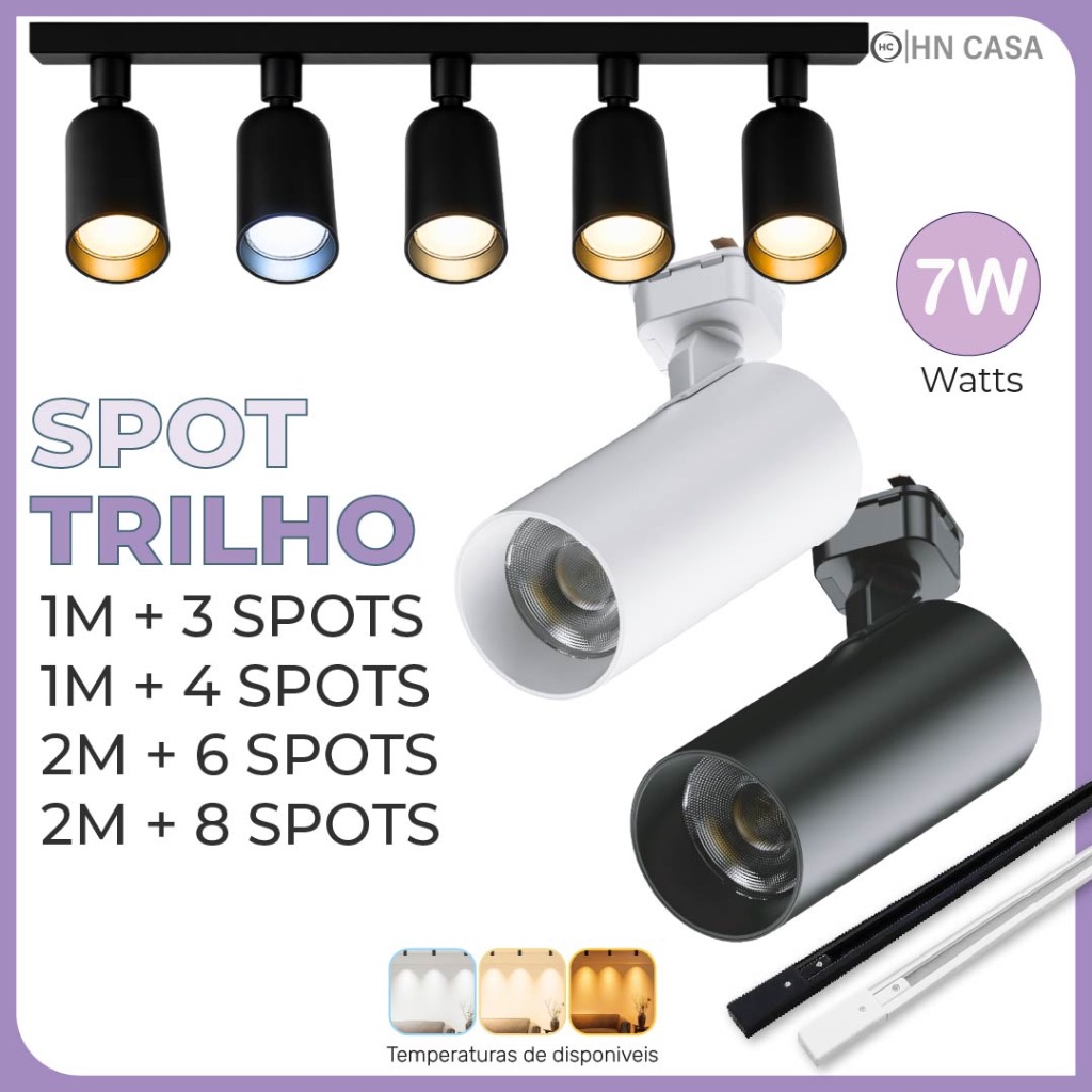 Trilho Spot LED 7W 360° para trilho eletrificado, luz branca, neutra e amarela, modelo econômico, bivolt 110V-220V. em Oferta na Shopee