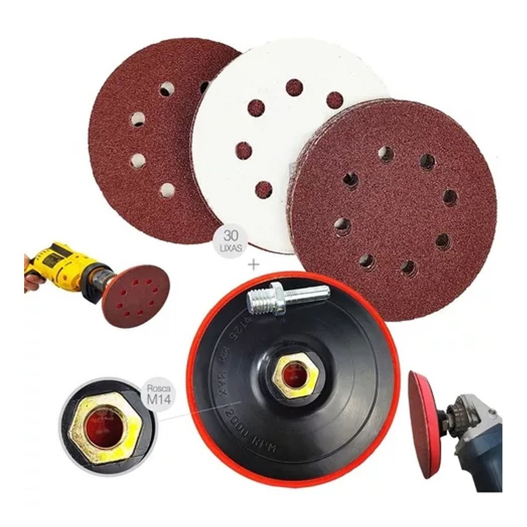 Haosin Kit Base Suporte Disco 125mm + 30 Lixas Sem Furos Com Velcro 5" Furadeira Esmerilhadeira