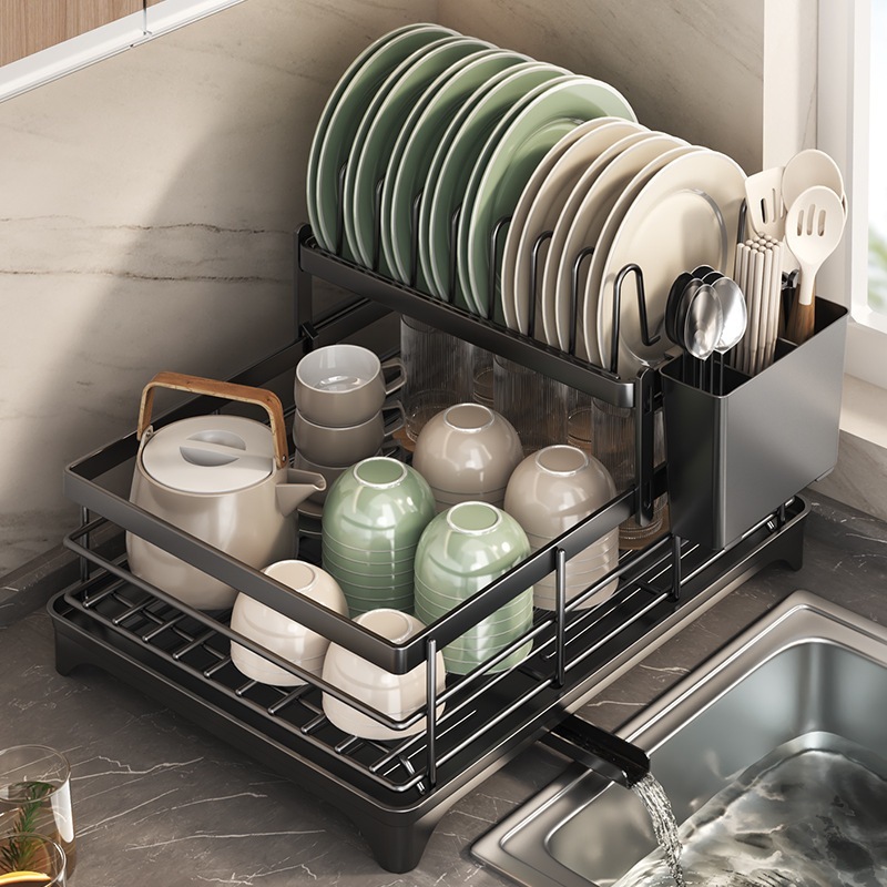 haosin Escorredor De Pratos Ajustável 2 Em 1 Aço Inoxidável-2 Camadas Com Porta-Copos E Talheres Para Cozinhas Pequenas