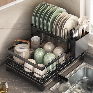 haosin Escorredor De Pratos Ajustável 2 Em 1 Aço Inoxidável-2 Camadas Com Porta-Copos E Talheres Para Cozinhas Pequenas