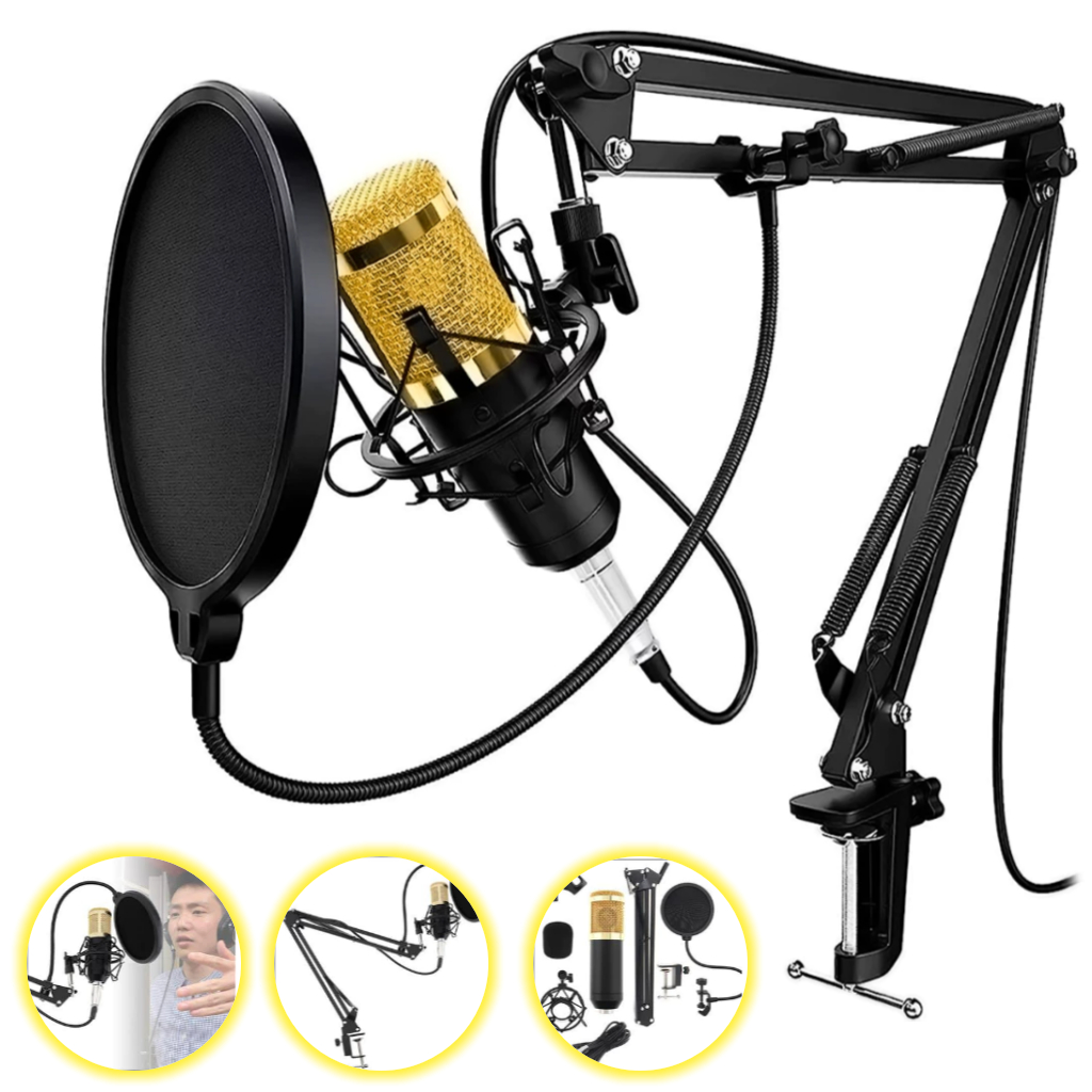 Kit Microfone Condensador Profissional Estúdio de Mesa para Criador Podcaster