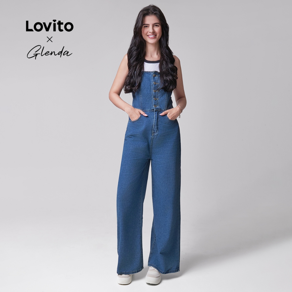Lovito x Glenda Casual Macacão Feminino Liso Lavado com Bolso e Botão Frontal LNE22047 (Multicolorido) em Oferta na Shopee