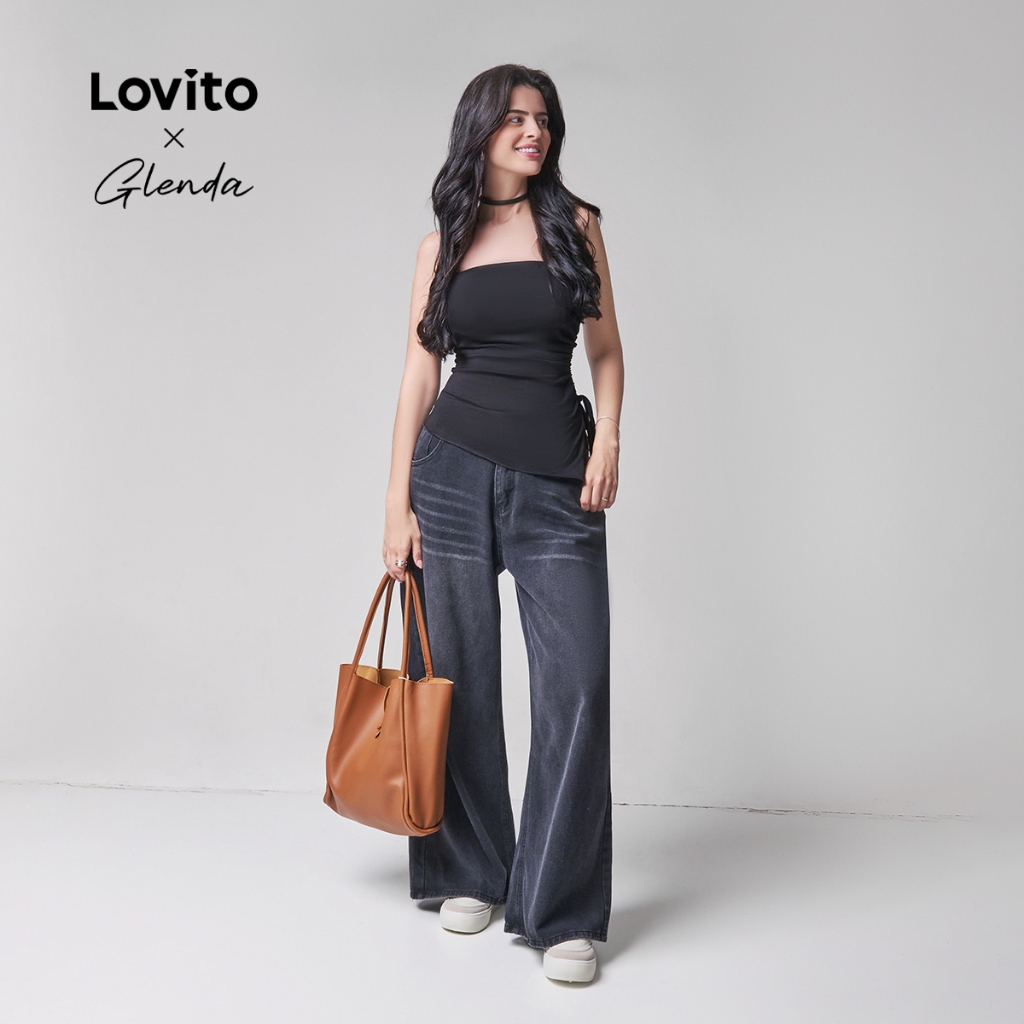 Lovito x Glenda Jeans casual simples com lavagem crua para mulheres 102AD449 em Oferta na Shopee