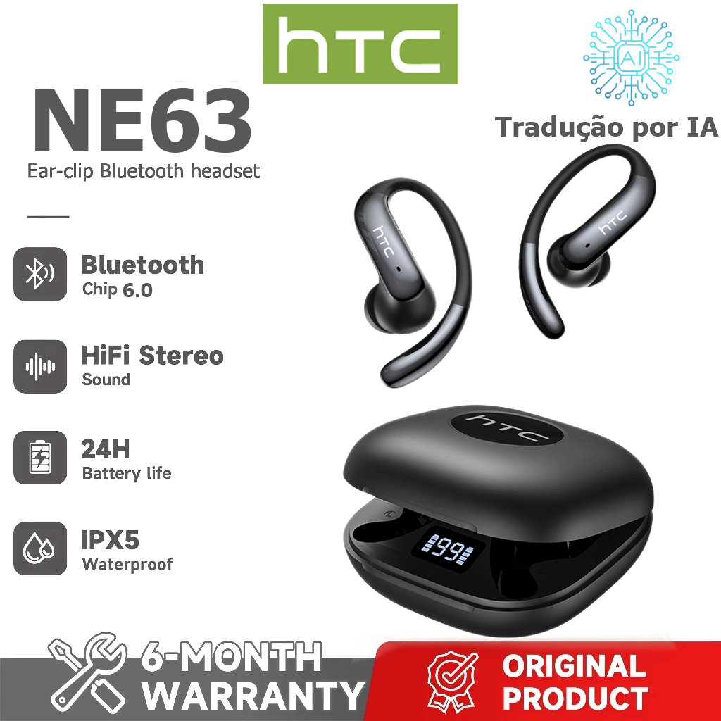 1 ano de garantia HTC NE63 AI Tradução Headset Tradução em tempo Real TWS Fone de ouvido Bluetooth Bluetooth 6.0 HiFi Qu