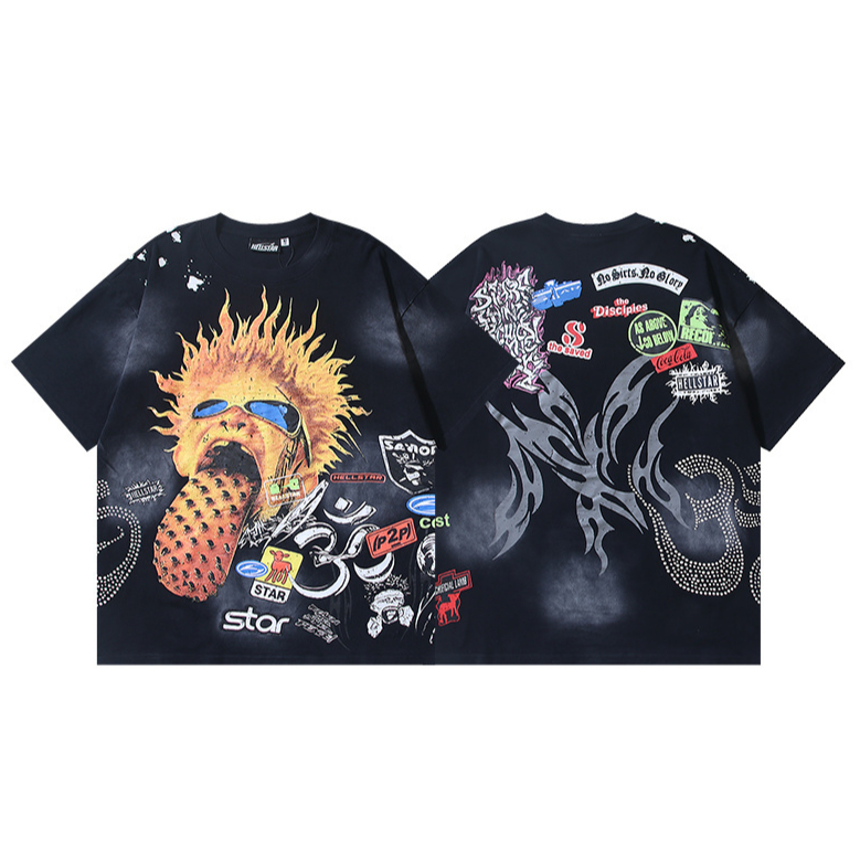 Hellstar6783 Hellstar Washing Retro Linda Moda Hot Brick Impressão Camiseta de manga curta em Oferta na Shopee