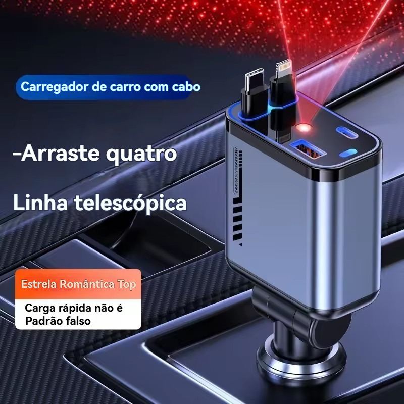 120W Carregador De Celular Retrátil De Para Carro Com Carregamento Rápido 4 Em 1 E Tecnologia Starlight, Com USB-C em Oferta na Shopee