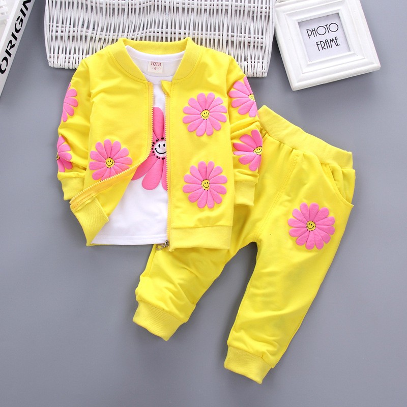 Conjunto Feminino De Algodão Estampado De Três Peças Para Primavera E Outono De 0 A 4 Anos
