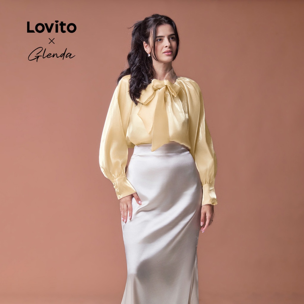 Lovito x Glenda RefineBlusa elegante e lisa com cadarço para mulheres LR7LD002 em Oferta na Shopee