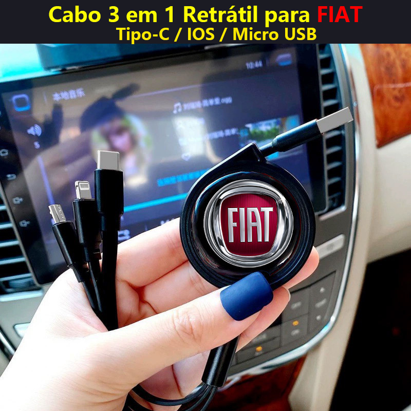 Cabo 3 em 1 Retrátil Automotivo para Carro FIAT Strada Uno Argo Toro Mobi Siena Stilo Palio