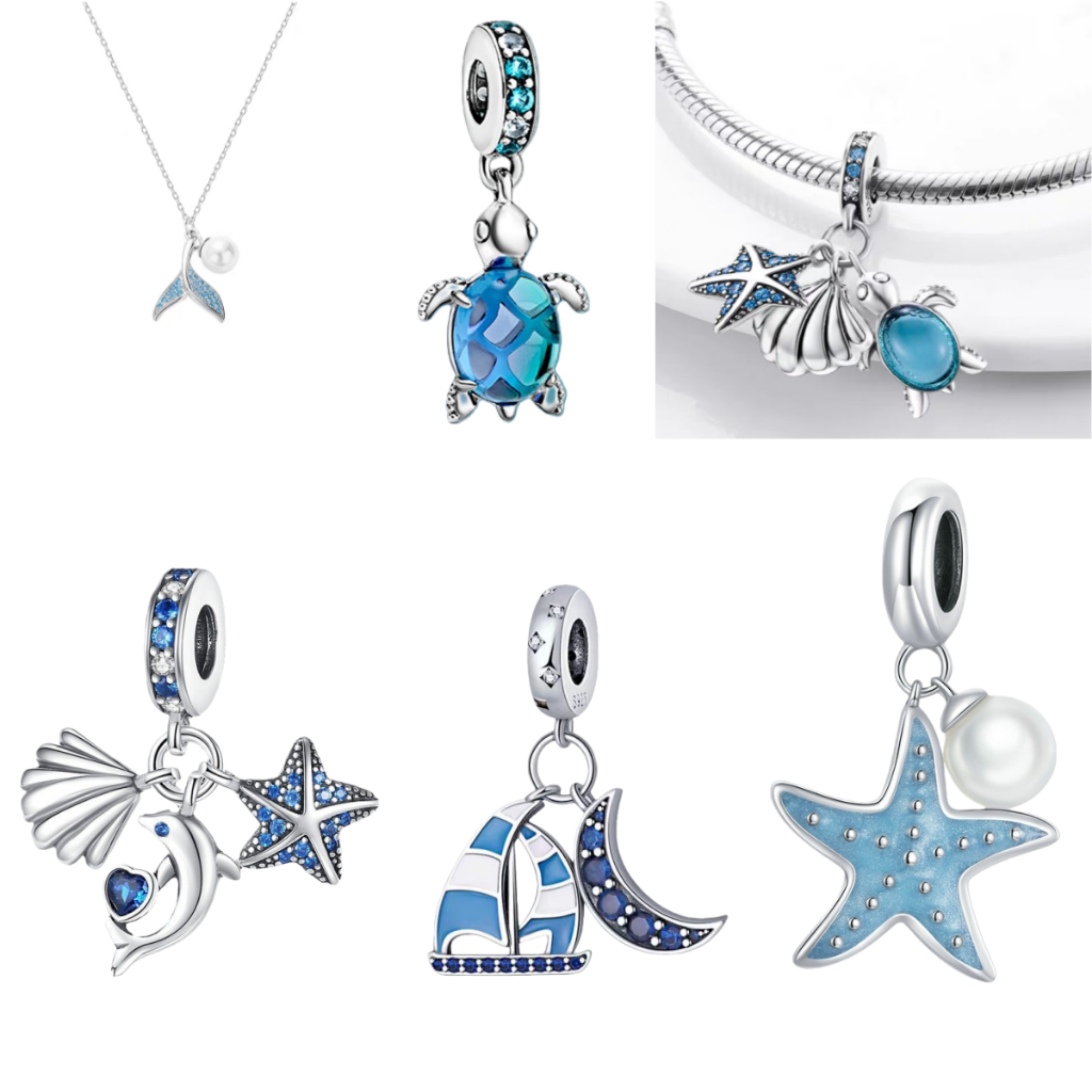 [Promoção por tempo limitado] S925 Silver Ocean Series Multi-Style Charm Frisado, Caranguejo, Tartaruga Marinha, Estrela