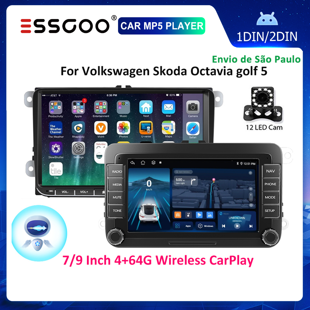 ESSGOO 7 " 9 " Tela Android 14 Carro MP5 Player Carplay 4 + 64GB Rádio Do Estéreo Para VW Volkswagen GOLF PASSAT POLO em Oferta na Shopee