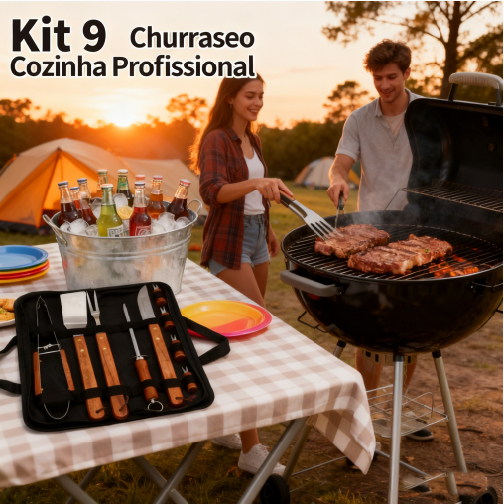 Conjunto de talheres de faca-9 peças conjunto completo ao ar livre aço inoxidável profissional Chef churrasco conjunto