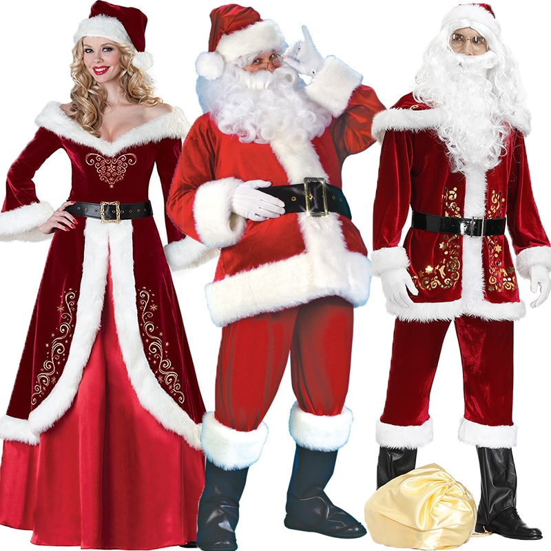 Adulto Papai Noel Uniforme Natal Ouro Veludo Vestido De Chapéu Cinto Roupa Festa De Ano Novo Carnaval Papel Jogando Traj