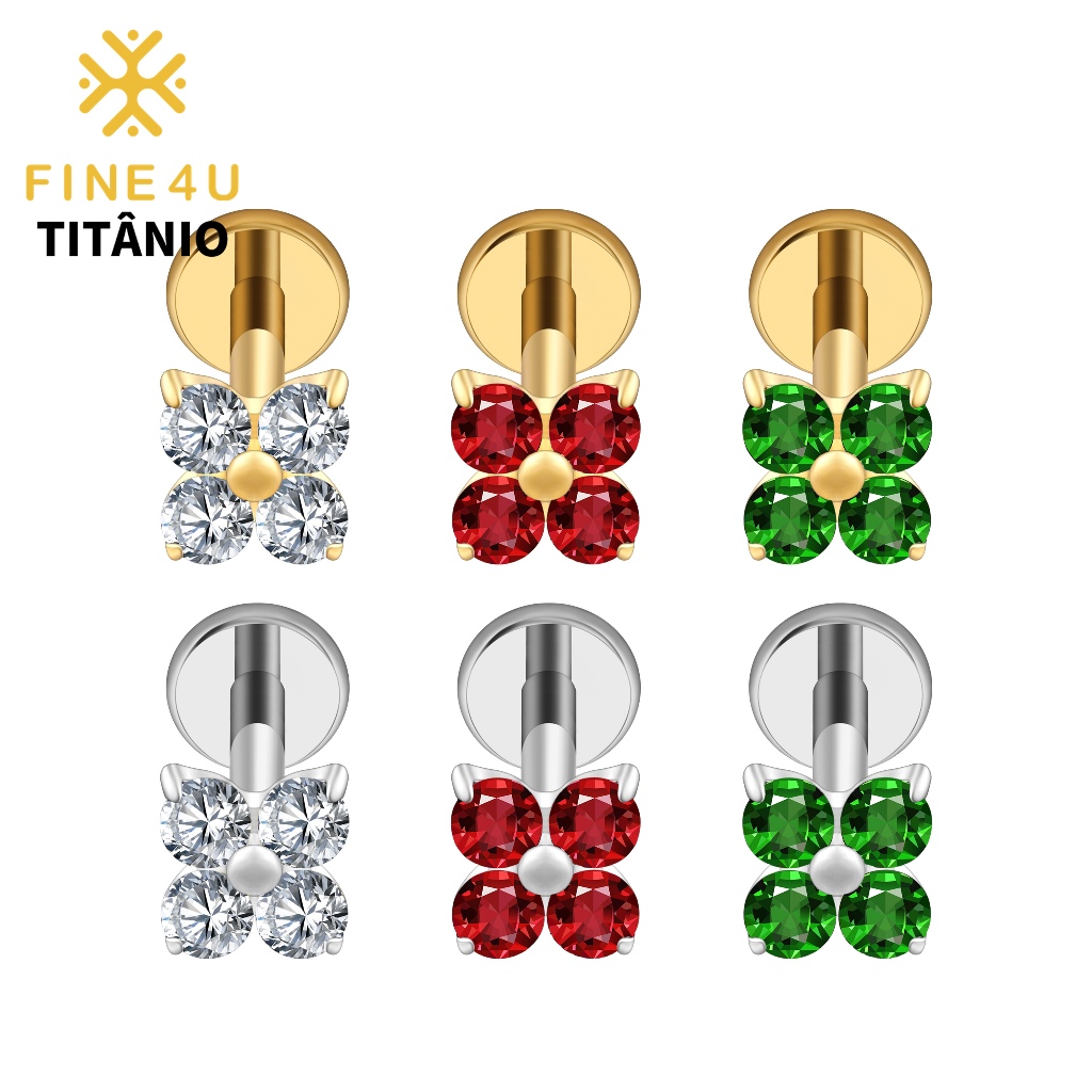 FINE4U Piercing Flor de Quatro Pétalas 100% Titânio Tragus Labret Lóbulo Tragus Helix Conch Brinco