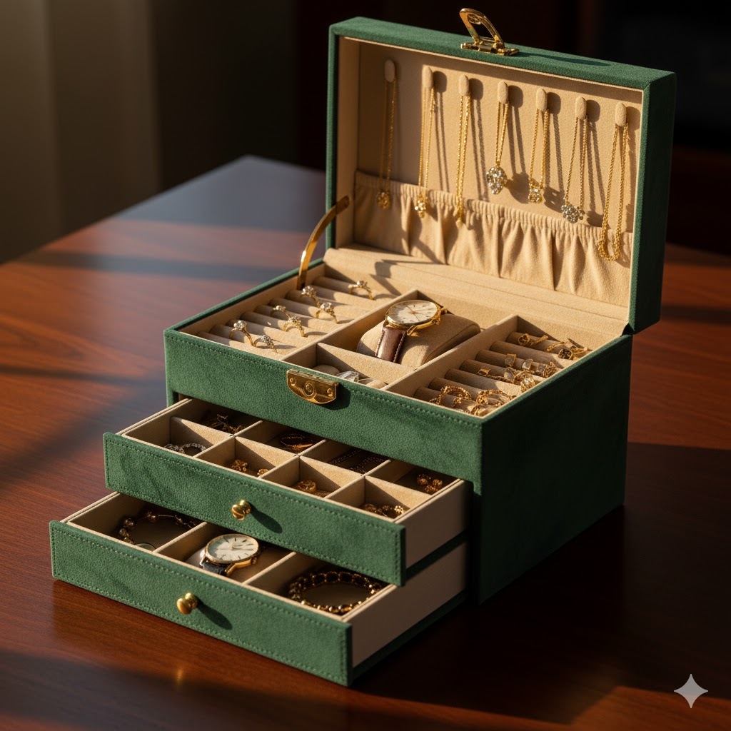 Caixa de Joias de 3 Camadas, Caixa de Armazenamento de Joiasde Couro PU Com 2 Gavetas