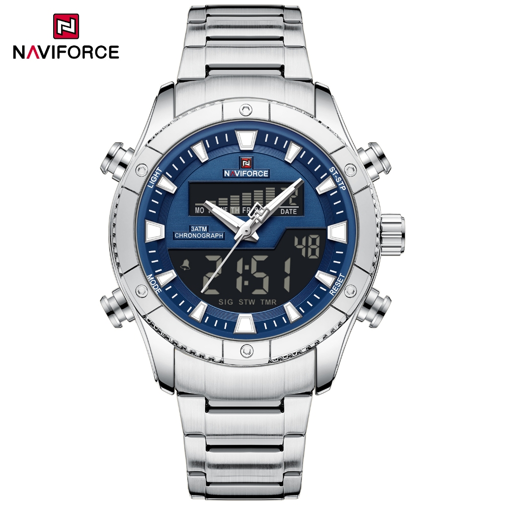 NAVIFORCE 9259 Movimento De Exibição Dupla Multifuncional À Prova D'água Pulseira De Aço Inoxidável De Tempo Duplo Relóg
