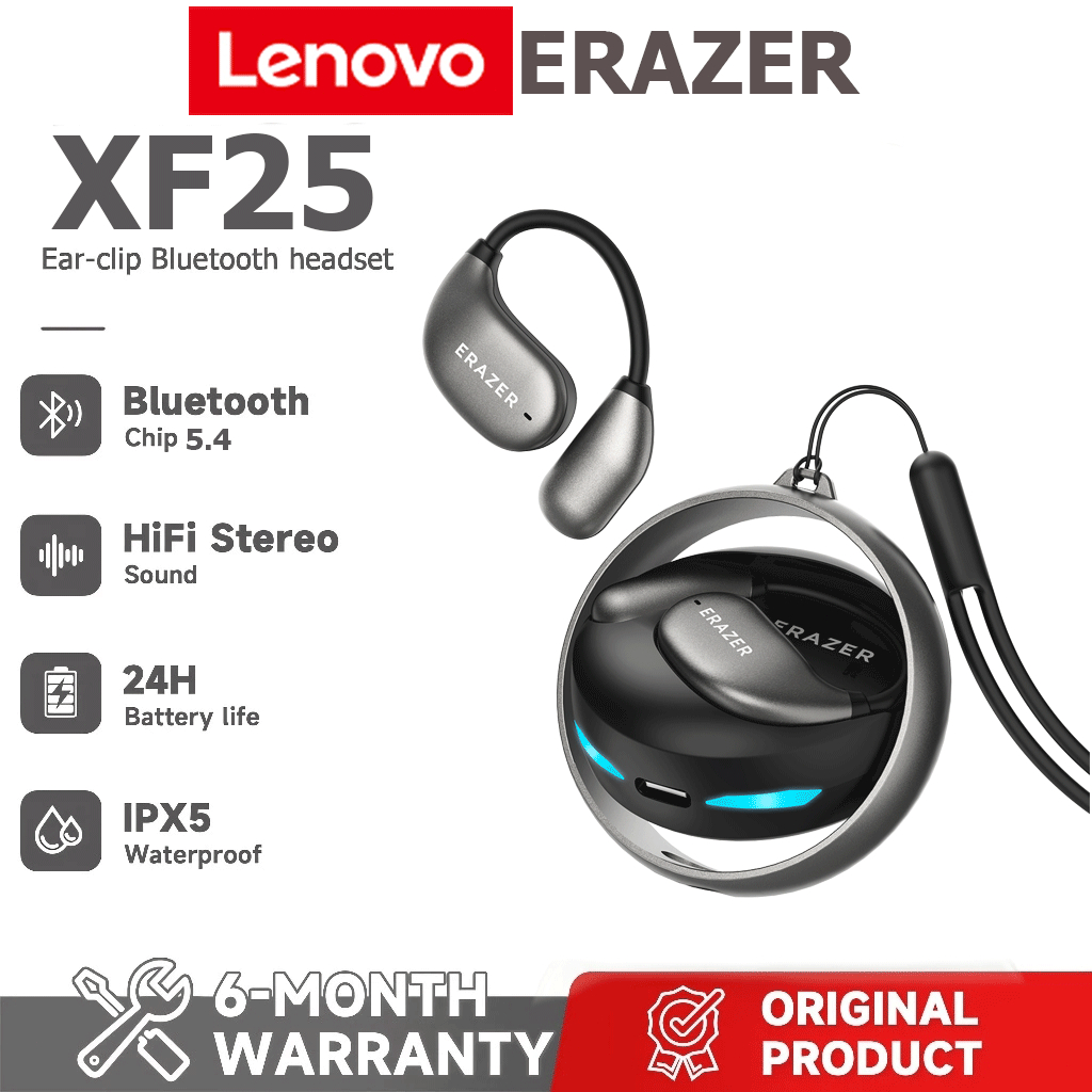 1 ano de Lenovo Erazer XF25 OWS aberto Bluetooth 5.4 fone de ouvido sem fio IPX7 à prova d'água fone de ouvido