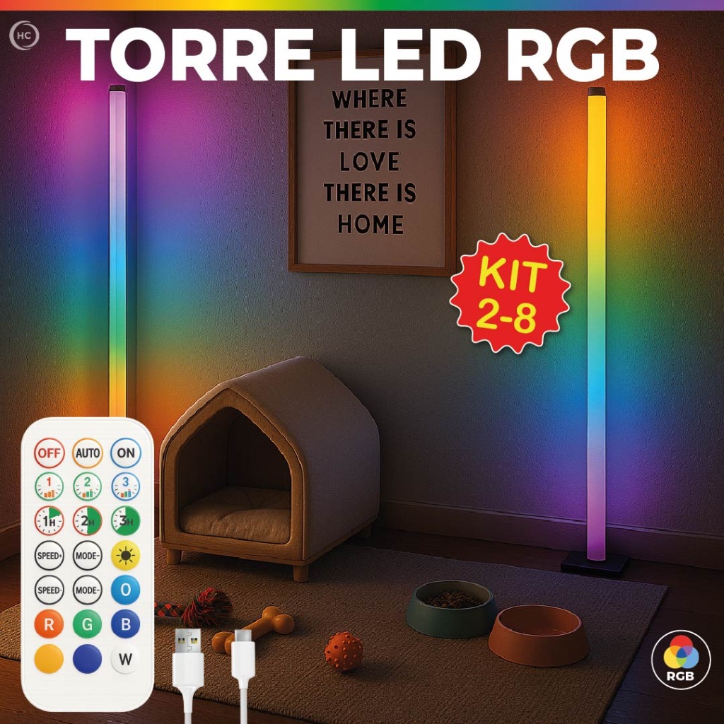 Kit 2/4/6/8 Luminária de Chão RGB LED 5050 2 Torre Inteligente com Controle 9.6W Barra Modo Música USB em Oferta na Shopee