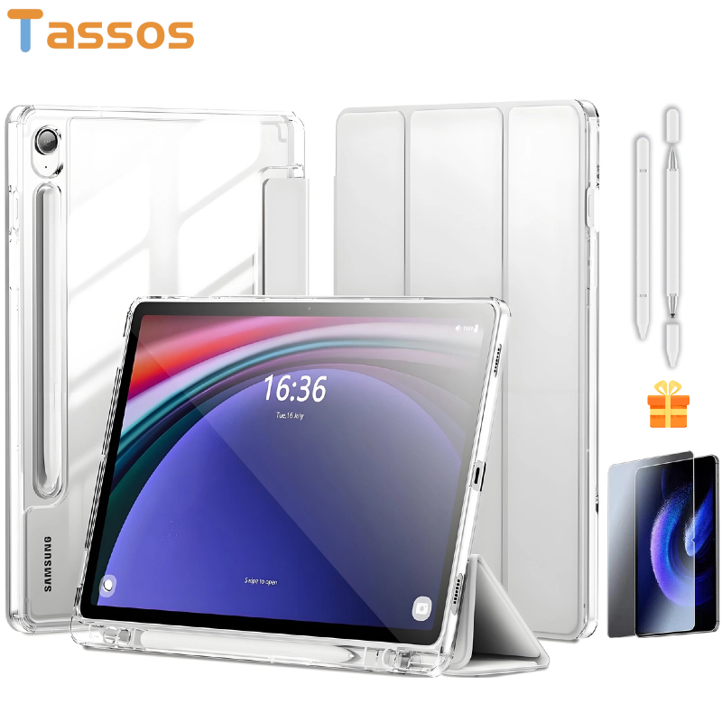 TASSOS Case+ Pelicula+ Caneta Para Samsung Galaxy Tab S10FE/S9FE/S9/A9/A9+/S6Lite HD Transparente Com Suporte Para S Pen