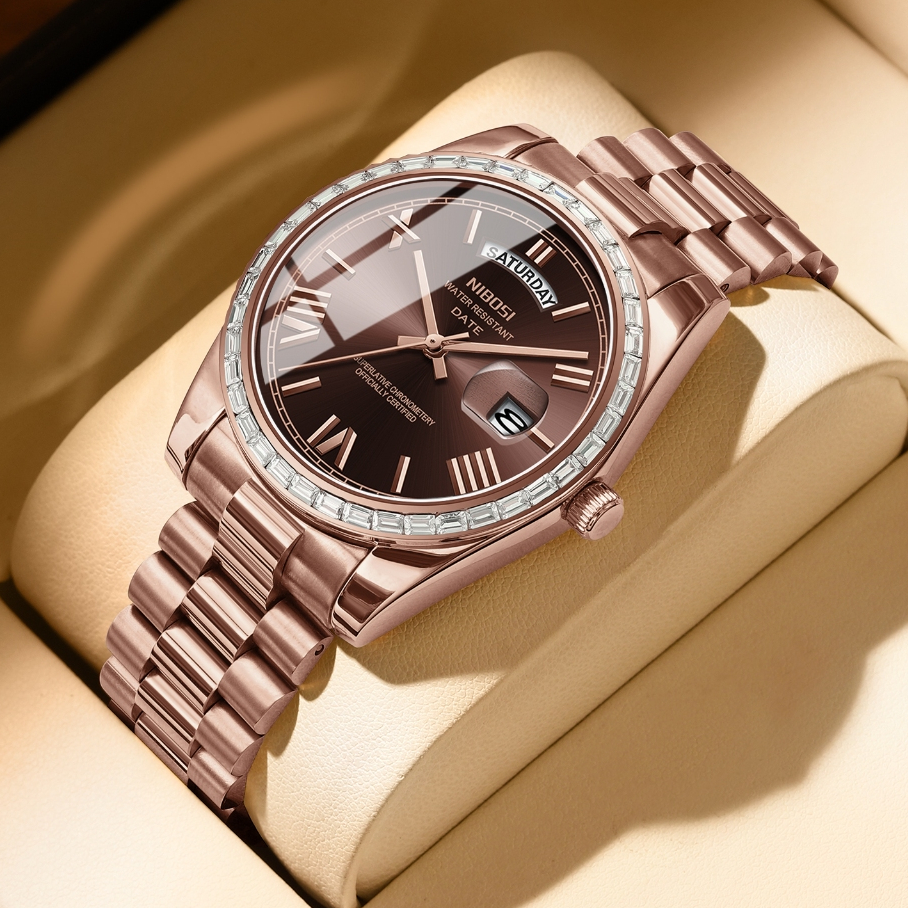 NIBOSI Relógio Masculino de Luxo Clássico Moda Strass Decoração Calendário Semanal Relógio de Quartzo À Prova D 'Água