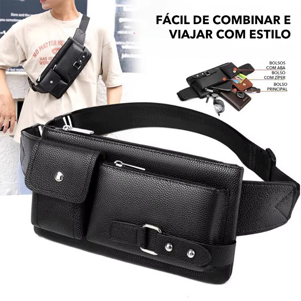 Bolsa De Cintura Masculina De Couro PU , Preta Para Viagem casual Ao Ar Livre em Oferta na Shopee