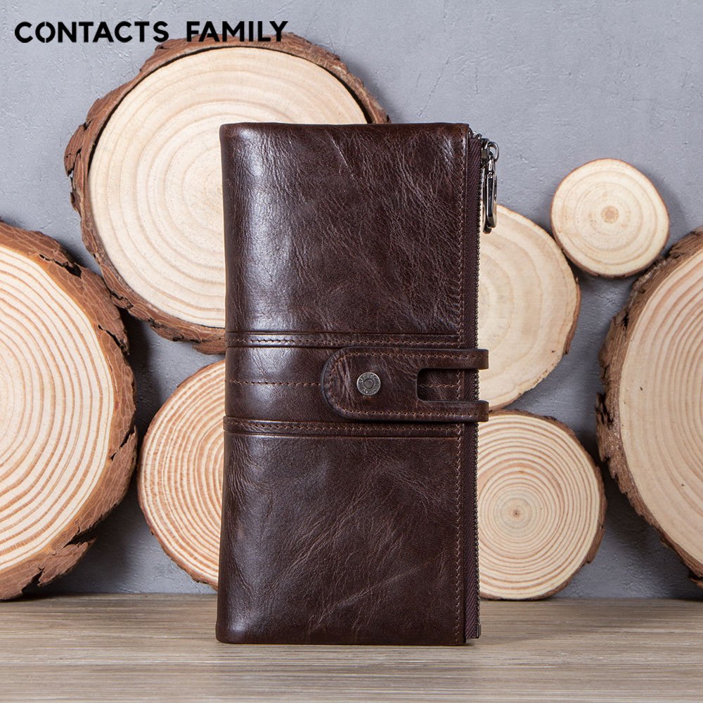 CONTACTS FAMILY Vintage Masculino Zíper Moeda Bolsa Saco De Dinheiro Carteira De Embreagem De Couro Genuíno Longa Ferro