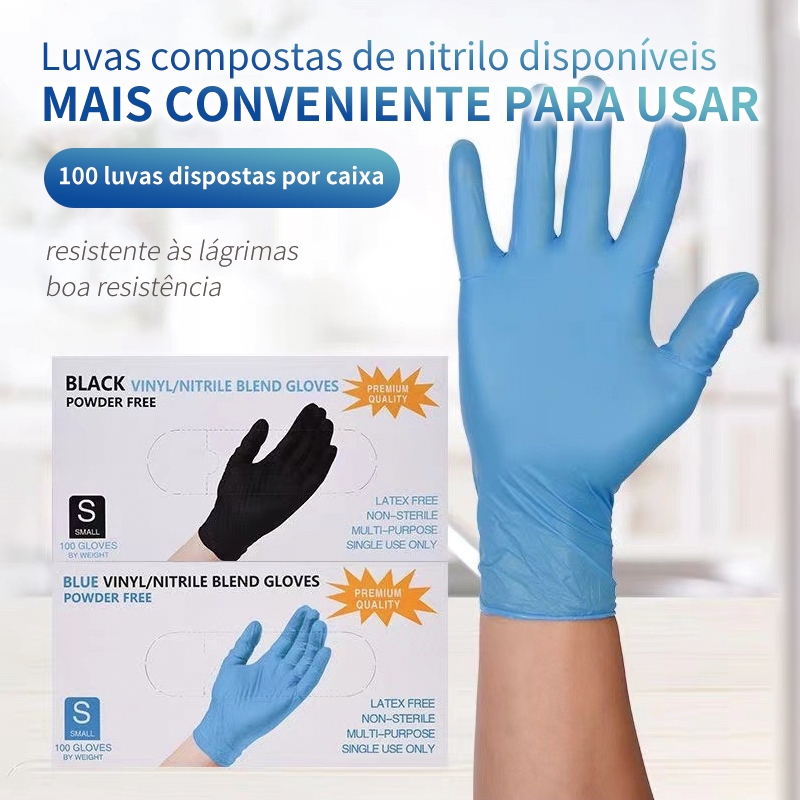 Luva Nitrílica Preta Descartável Sem Pó 100 Unidades para uso Profissional