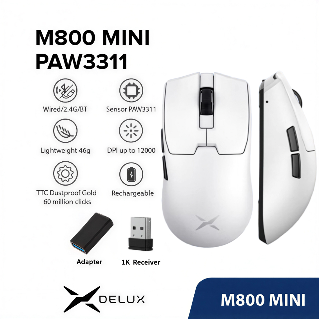 Delux M800 PRO PAW3395 Mouse Gamer DPI MÁX. 26000 com Fio 2.4G Bluetooth Sem Fio Recarregável Programável 56g em Oferta na Shopee