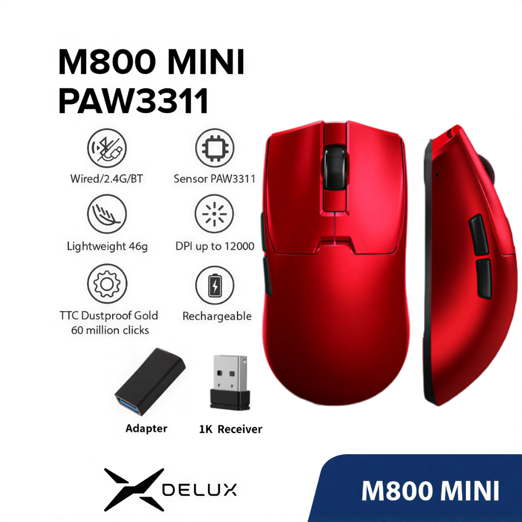 Rato Para Jogos Sem Fio Delux M800 PRO PAW3395 72g Com Leve Programável De PC