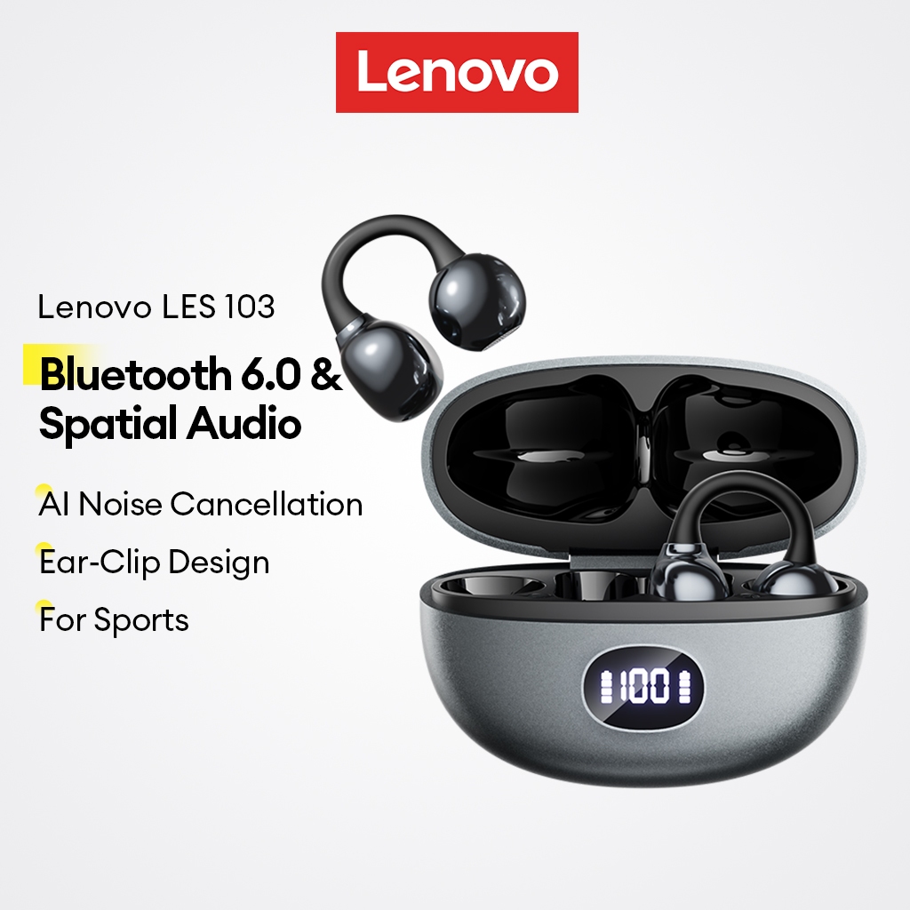 Fones De Ouvido Bluetooth Lenovo LES-103 E Sem Fio Com Clipe Aberto Cancelamento De Ruído AI 6.0 Mais Áudio Espacial Par