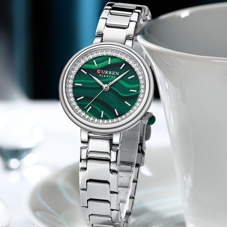 CURREN Relógio Feminino Autêntico Pulseira De Aço Inoxidável Prata-Verde Retrô Minimalista Versátil Mostrador Pequeno Qu