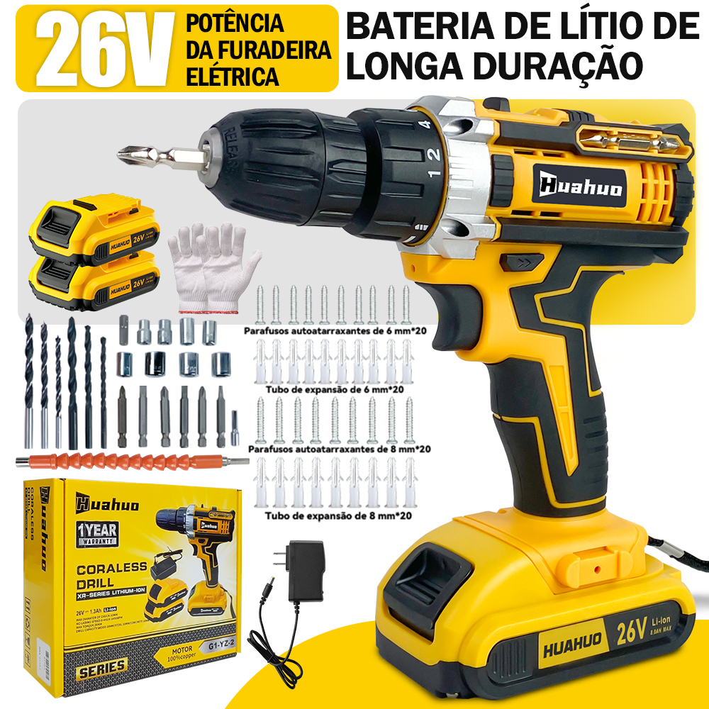 Parafusadeira Furadeira de Impacto Sem Fio Recarregáveis 2 Baterias Includes carton and 24 drill bits + 80 screws access