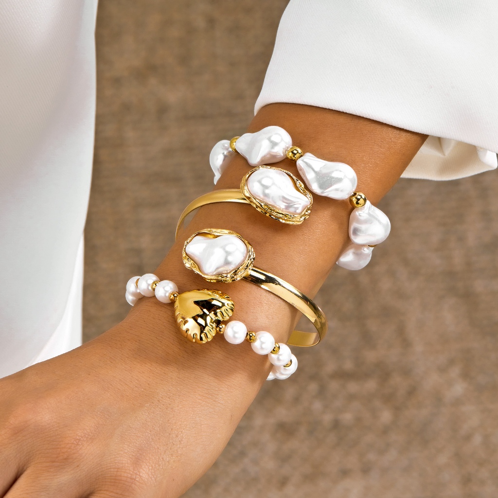 Moda Vintage 3 Peças 18k Banhado A Ouro Exagerado Pulseira De Pérola Enrugada Joias Femininas Acessórios Para Presente D em Oferta na Shopee