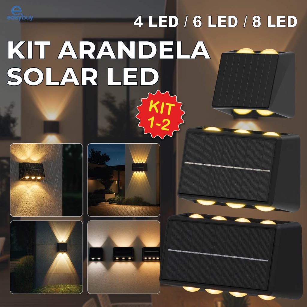 Kit 2 Arandela Solar Led 4 LED 6 LED 8 LED Luz Quente Placa Solar Embutida A Prova Dágua