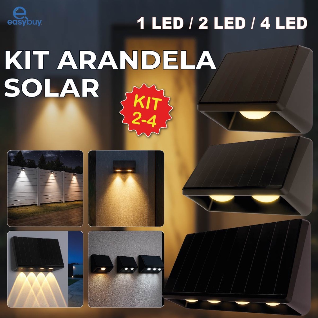 Kit 4 Arandela Solar 1 LED 2 LEDS 4 LEDS Luz Quente Placa Solar Embutidade A Prova Dágua