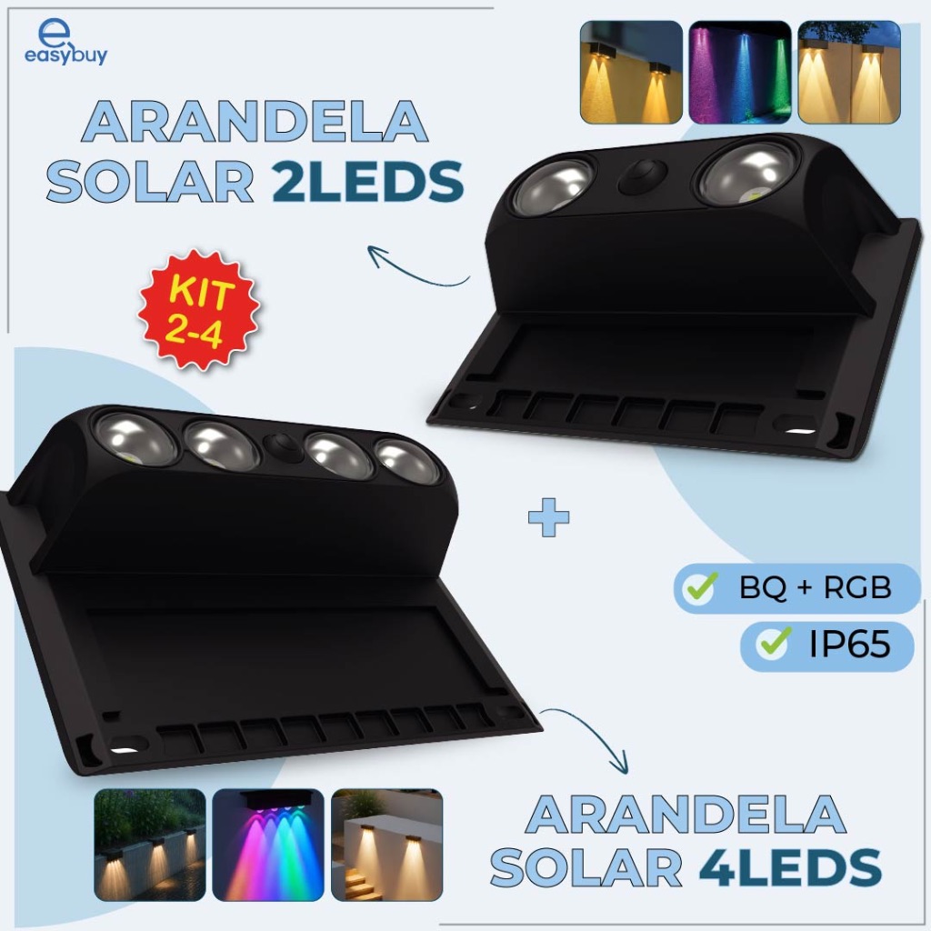 Kit 4 Arandela Solar 2 LEDS 4 LEDS RGB Placa Solar Embutidade A Prova Dágua Modelo Resistente