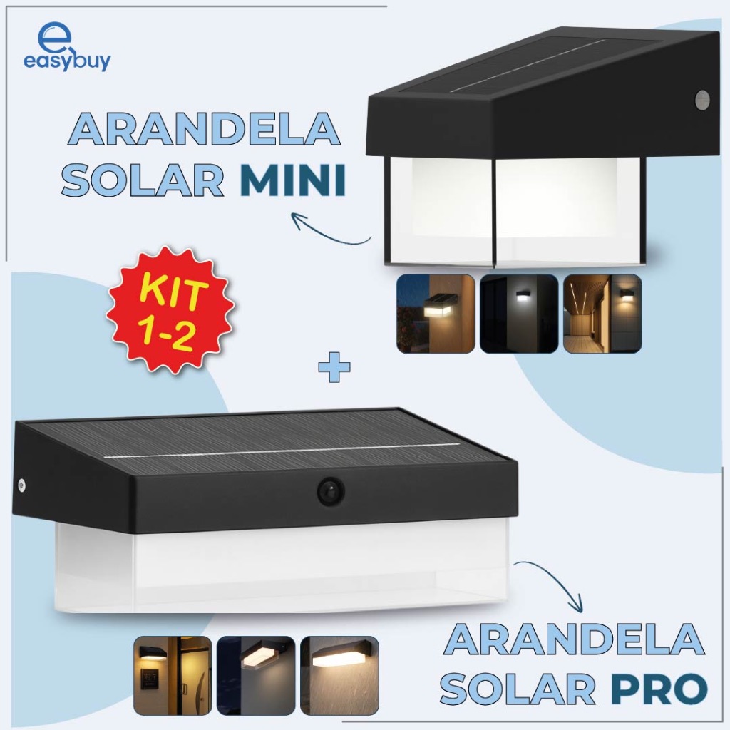 Kit 2 Arandela Solar Mini e Pro Placa Solar Embutida 3 Tons de Luz A Prova D'agua