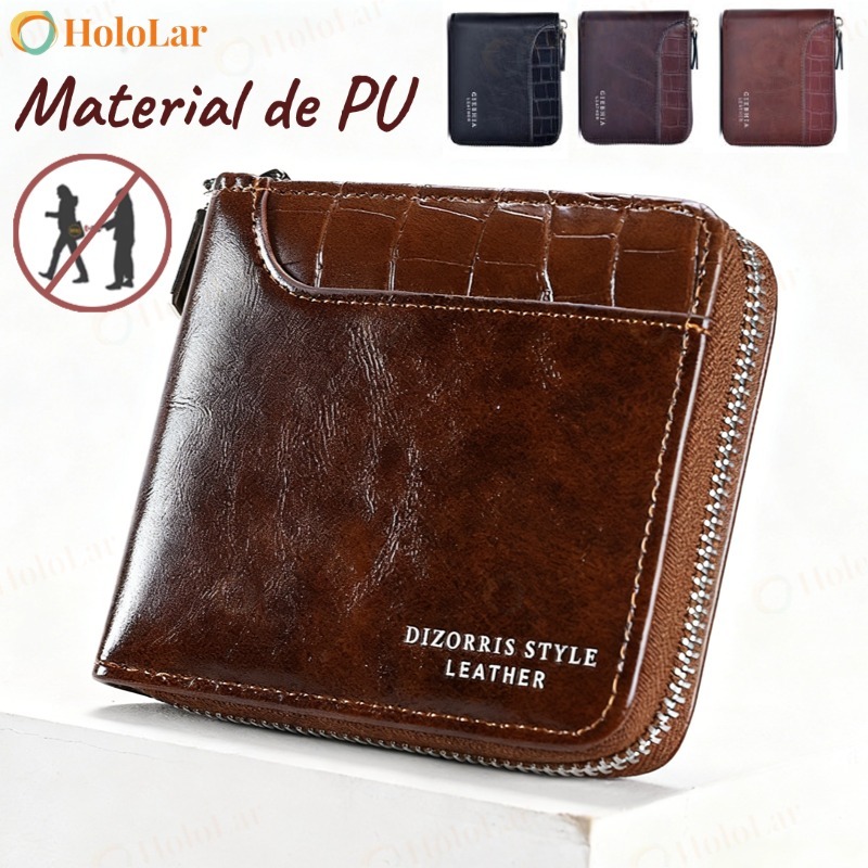 Carteira Masculina Com Zíper Colorido-Cartão Vintage De Couro PU De Grande Capacidade E Porta-Moedas-HL
