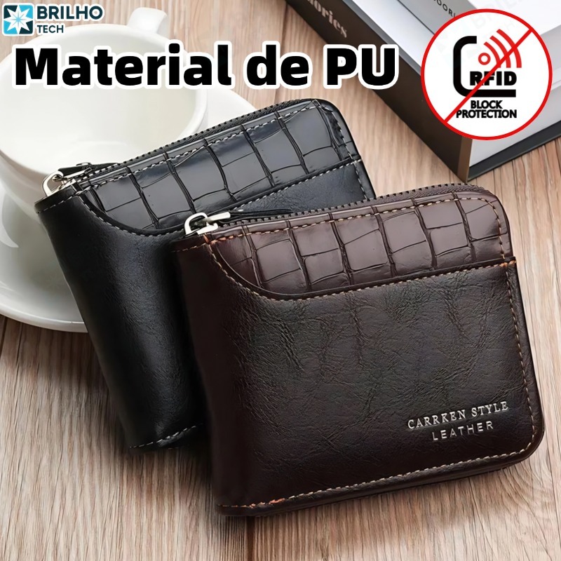 Carteira Masculina Com Zíper Colorido-Cartão Vintage De Couro PU De Grande Capacidade E Porta-Moedas-BT em Oferta na Shopee