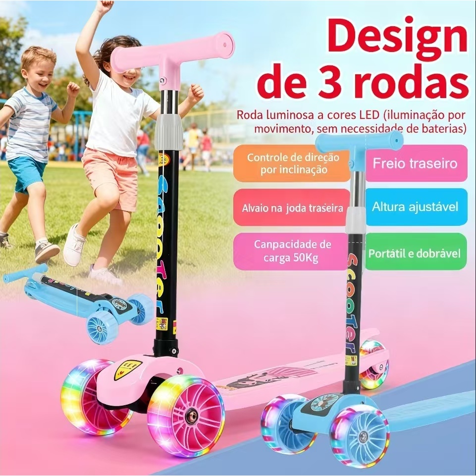 Patinete Infantil 3 rodas com LED altura ajustável nível 4 presente para crianças em Oferta na Shopee
