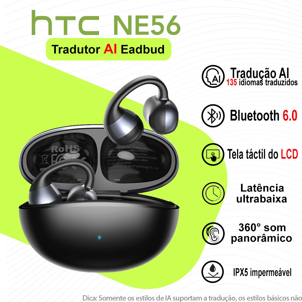 HTC NE56 Fone De Ouvido AI Tradução Em Tempo Real Fone Sem Fio Bluetooth 6.0 Fone Esportivo Clipe Para Orelha Microfone