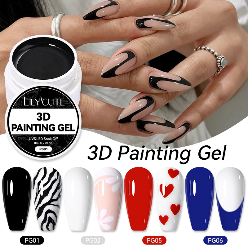 LILY'CUTE 8ml Pintura 3D Unhas Gel Branco Preto Cor Patting Multifuncional Nail DIY Art UV LED Sem Limpeza Manicure