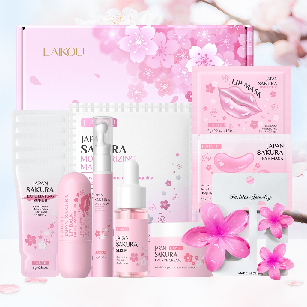 LAIKOU Japão Sakura Conjunto De Presente Para Cuidados Com A Pele Mulheres De Natal 9 Em 1 Kit De Completos Brilho Da Nu