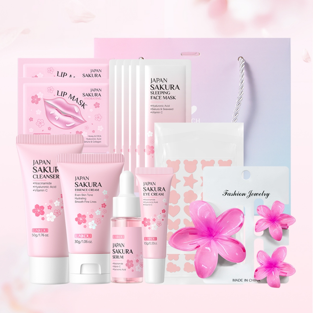 Ganhe Pele De Vidro Transparente ! LAIKOU Sakura Skincare Set 7pcs Kit De Resgate-Limpador De Poros , Manchas E Reparo N