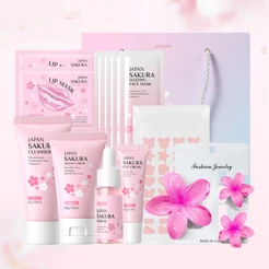 Ganhe Pele De Vidro Transparente ! LAIKOU Sakura Skincare Set 7pcs Kit De Resgate-Limpador De Poros , Manchas E Reparo N