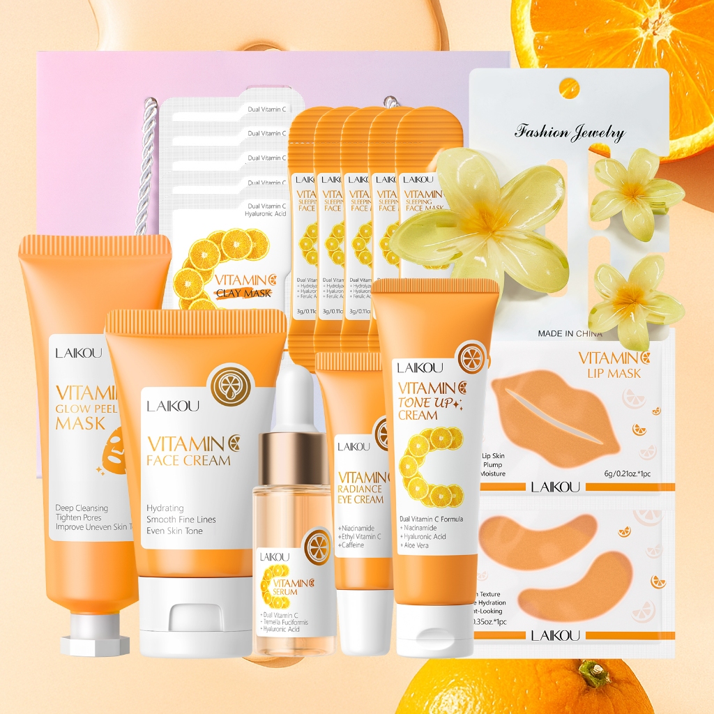 Obtenha Brilho Instantâneo ! LAIKOU Kit De Vitamina C Coleção De 10 Unidades Com Máscara Removível , Soro , Creme Tonifi