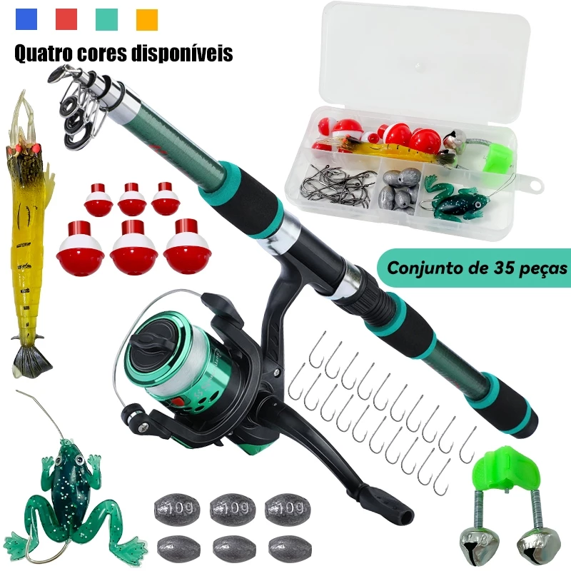 Kit de Luxo para Pesca com Vara 1,8m, Carretel Giratório e 35 Iscas